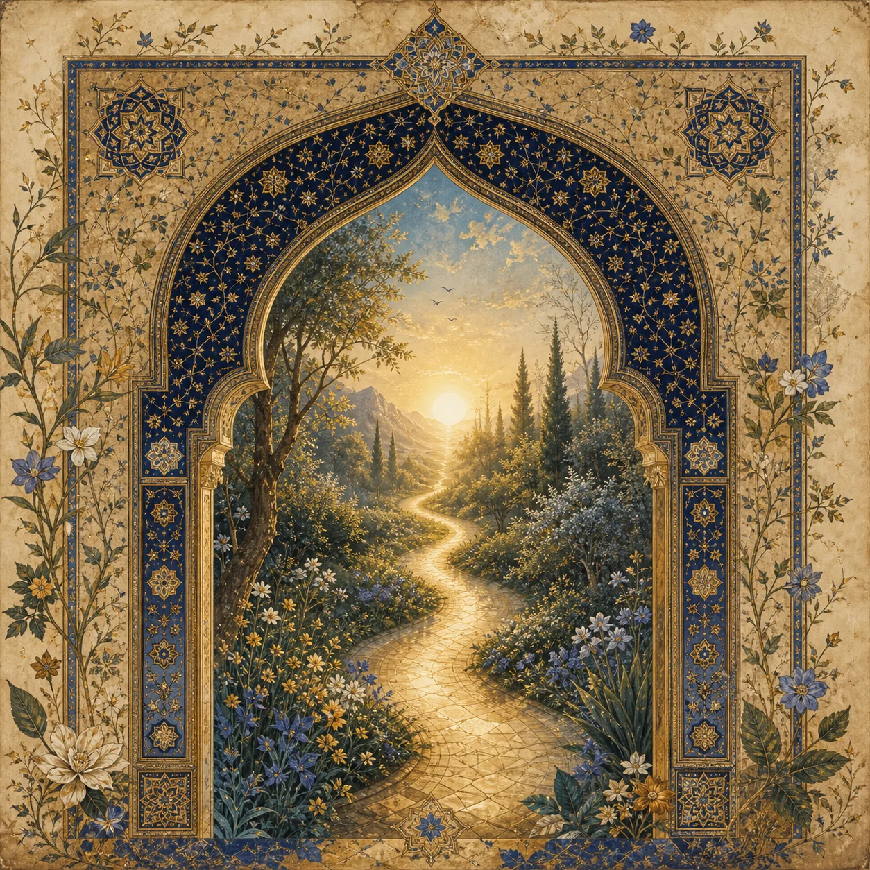 Illuminated arch opening to a garden path