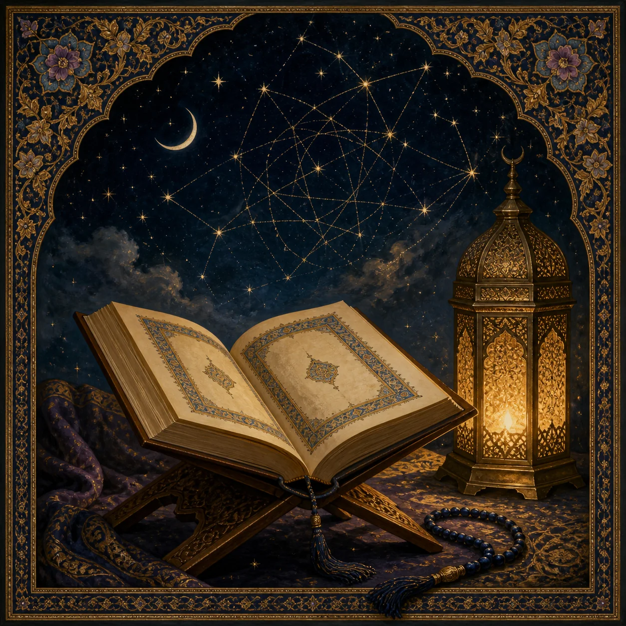 Open Qur'an beside a lantern beneath a geometric night sky