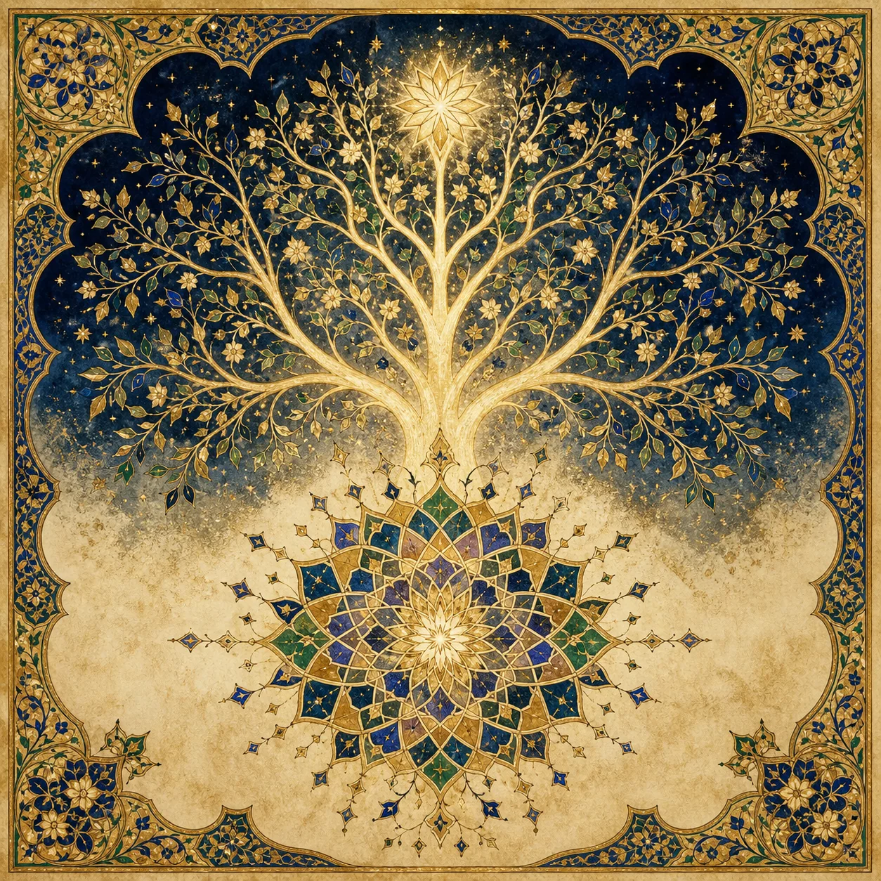 Geometric rosette transforming into a tree of light